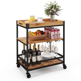 Modern Metal Wood Shelf Kitchen Serving Bar Cart with Removable Top Tray